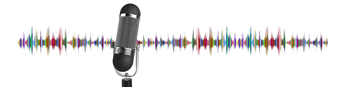 An illustration of an old style condenser microphone with a multi colored jagged line behind in simulating a sound wave.