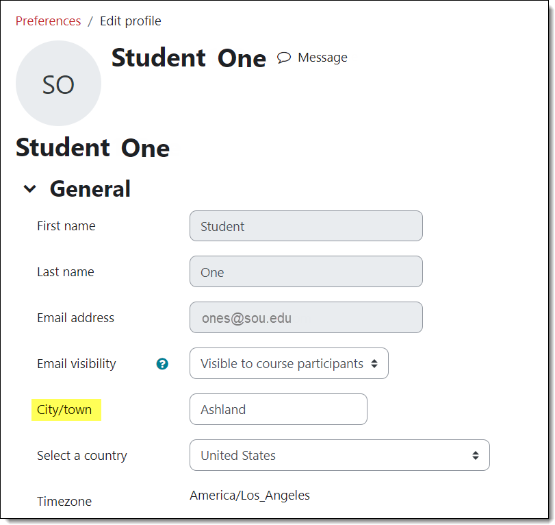 Screenshot of profile updating page