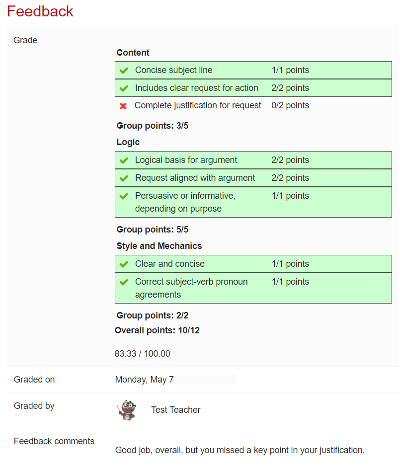 Screenshot of checklist