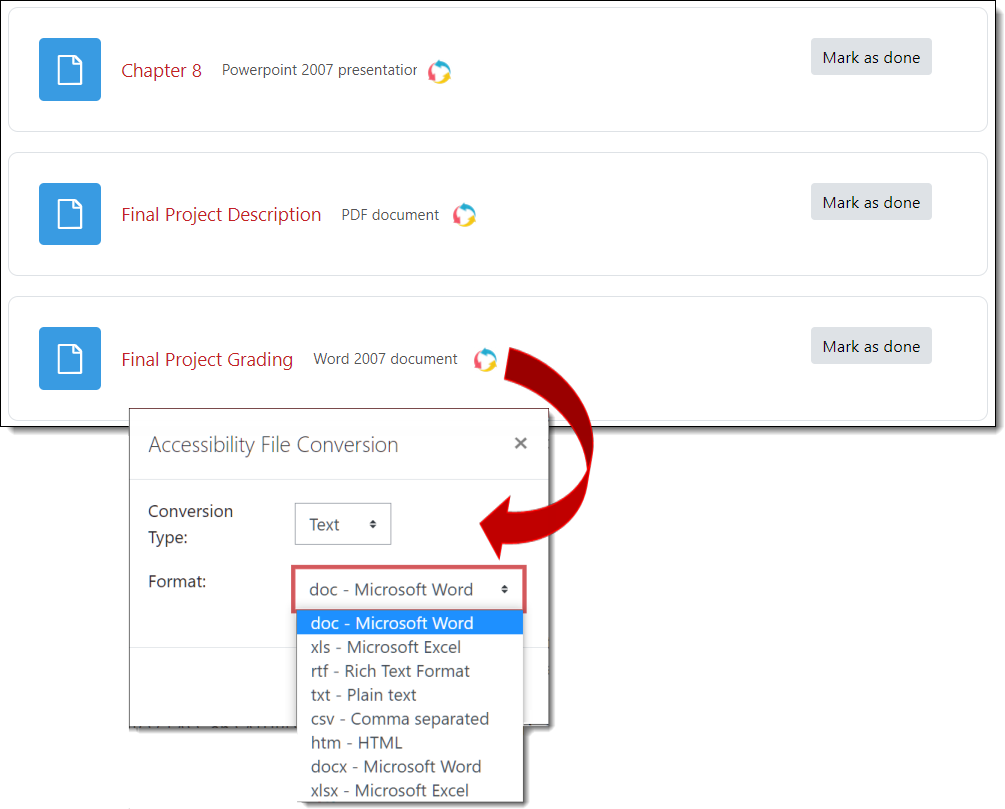 Three files with conversion icons and a dialogue box showing text options