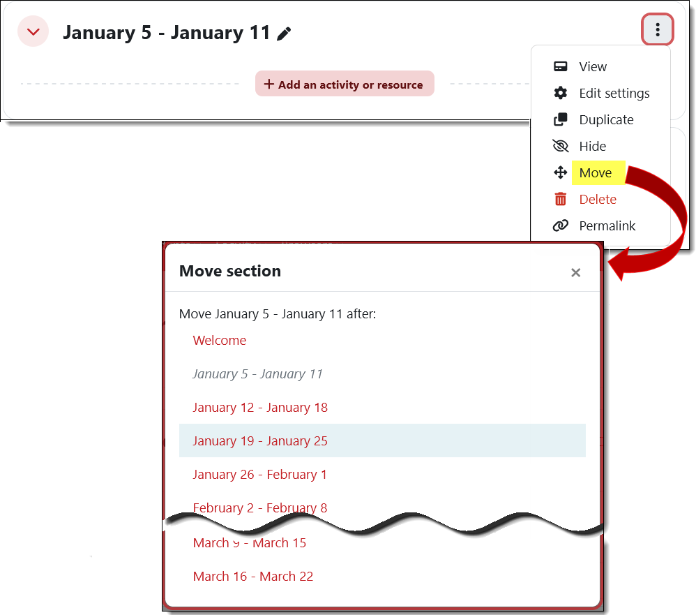 Screenshot of Move option in section edit menu and resulting move interface