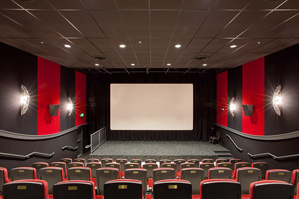 Image of  an old  movie theater fro the rear and above.